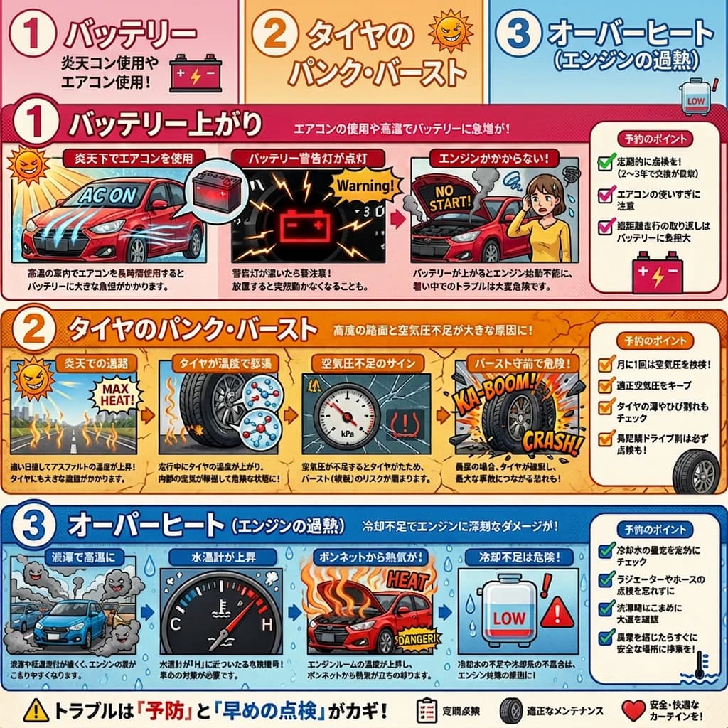 夏よくある車トラブルと注意点